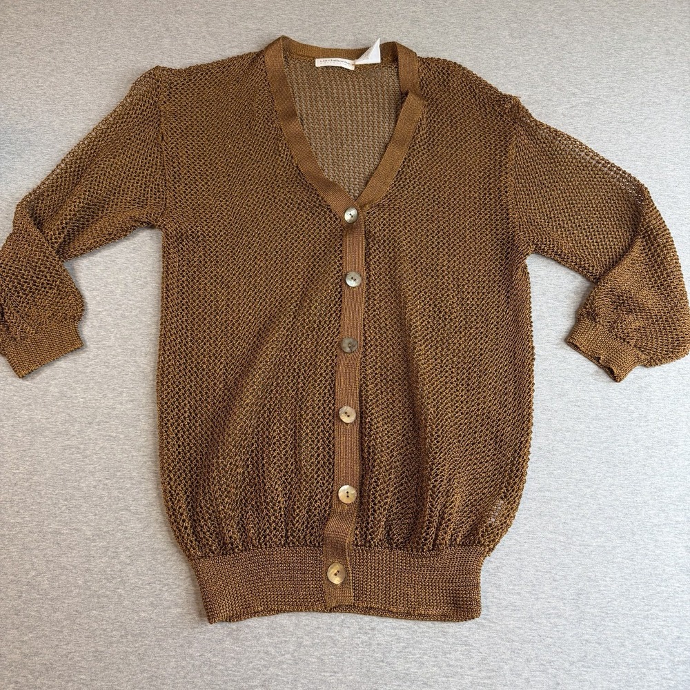 Vtg Liz Claiborne Open Knit Mesh Cardigan Sweater Brown Button Up Boho Large